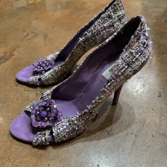 Vintage 90s Moschino purple tweed peep toe kitten heels IT 40 - Picture 2 of 7